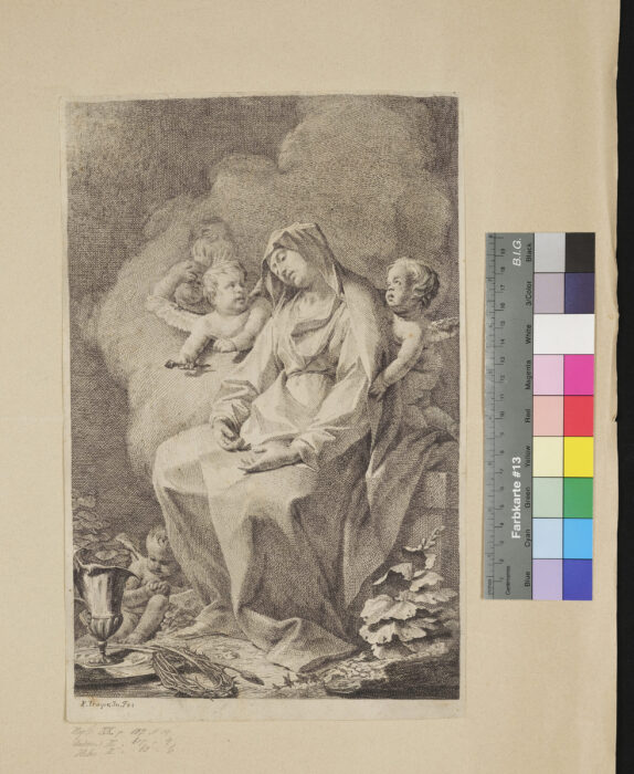 Die leidende Maria, von Engeln umgeben