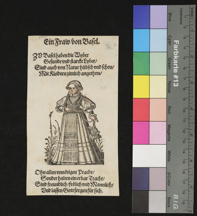 "29 Blätter nebst Titelblatt aus dem Frauentrachtenbuch", Eine Frau von Basel, Gesicht und Hände coloriert