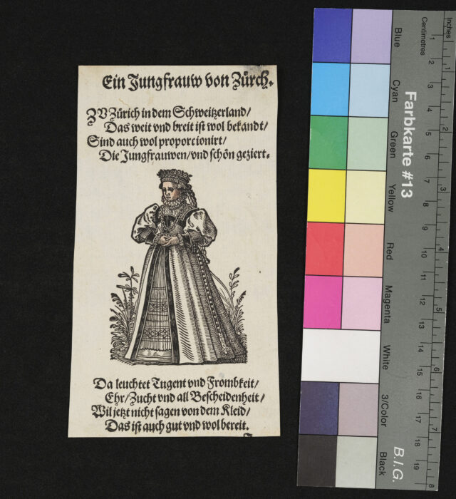 "29 Blätter nebst Titelblatt aus dem Frauentrachtenbuch", Eine Jungfrau von Zürich, Gesicht und Hände coloriert