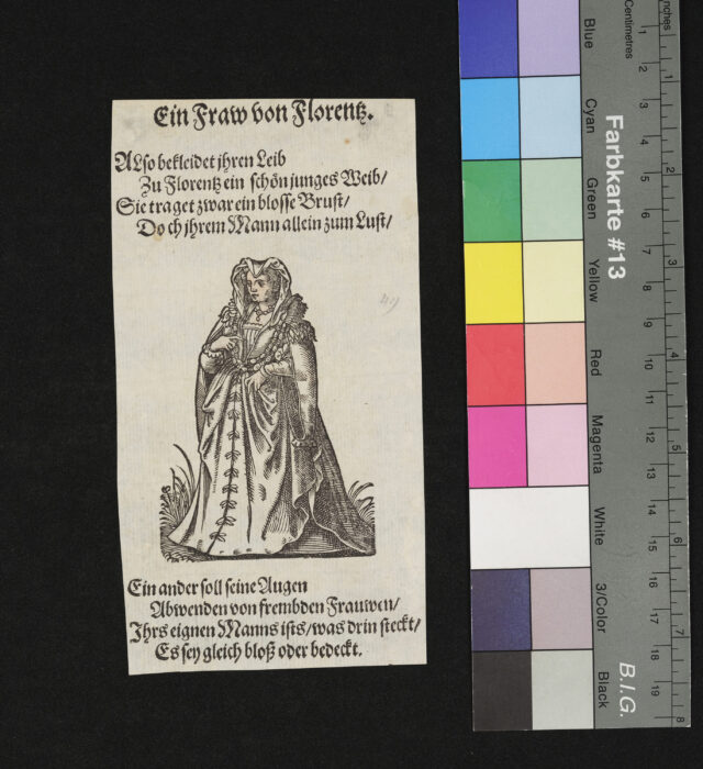 "29 Blätter nebst Titelblatt aus dem Frauentrachtenbuch", Eine Frau aus Florenz, Gesicht und Hände coloriert