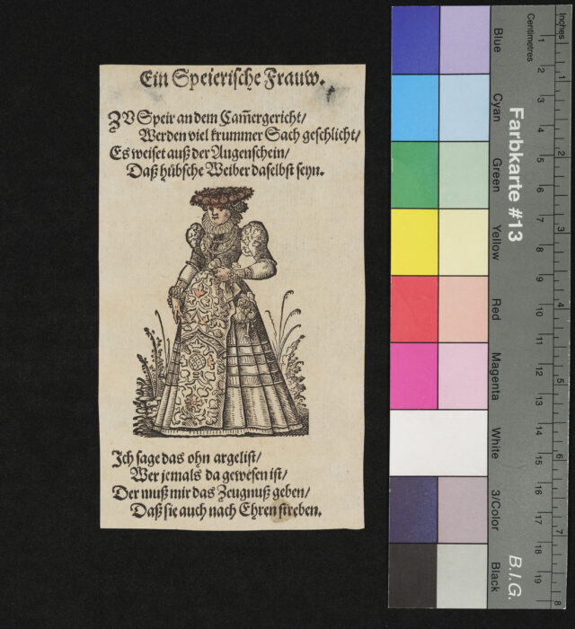 "29 Blätter nebst Titelblatt aus dem Frauentrachtenbuch", Eine Speyerische Frau, teilweise coloriert