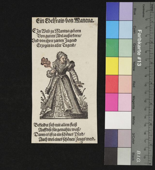 "29 Blätter nebst Titelblatt aus dem Frauentrachtenbuch", Eine Edelfrau von Mantua, teilweise coloriert