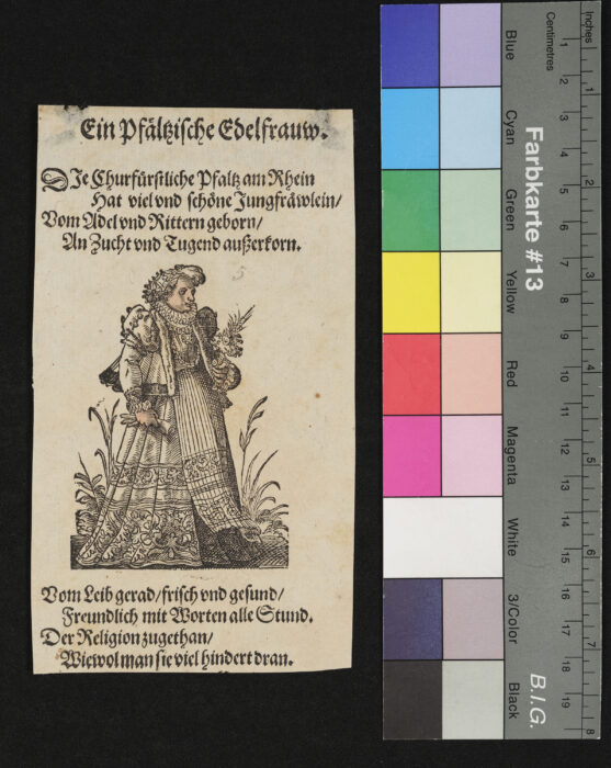 "29 Blätter nebst Titelblatt aus dem Frauentrachtenbuch", Eine Pfälzische Edelfrau, Gesicht und Hände coloriert