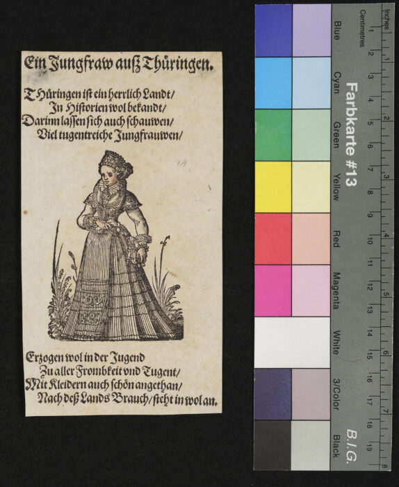 "29 Blätter nebst Titelblatt aus dem Frauentrachtenbuch", Eine Jungfrau aus Thüringen, Gesicht und Hände coloriert