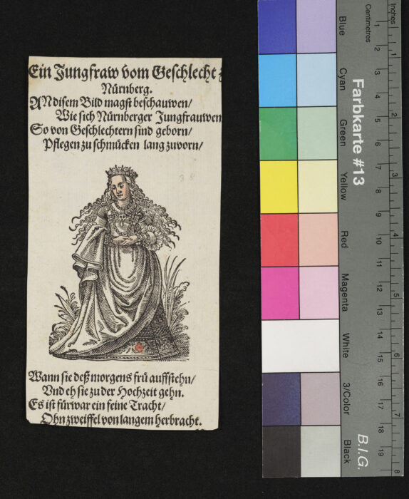 "29 Blätter nebst Titelblatt aus dem Frauentrachtenbuch", Eine Jungfrau aus Nürnbergischem Geschlecht, teilweise coloriert