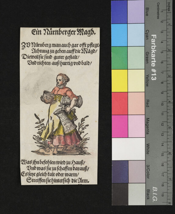 "29 Blätter nebst Titelblatt aus dem Frauentrachtenbuch", Eine Nürnberger Magd, coloriert, mit Zinnkrug