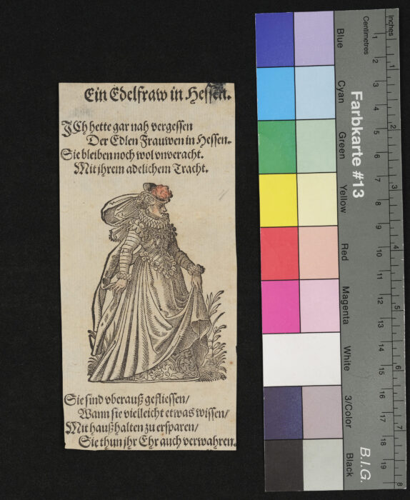 "29 Blätter nebst Titelblatt aus dem Frauentrachtenbuch", Eine Edelfrau aus Hessen, teilweise coloriert