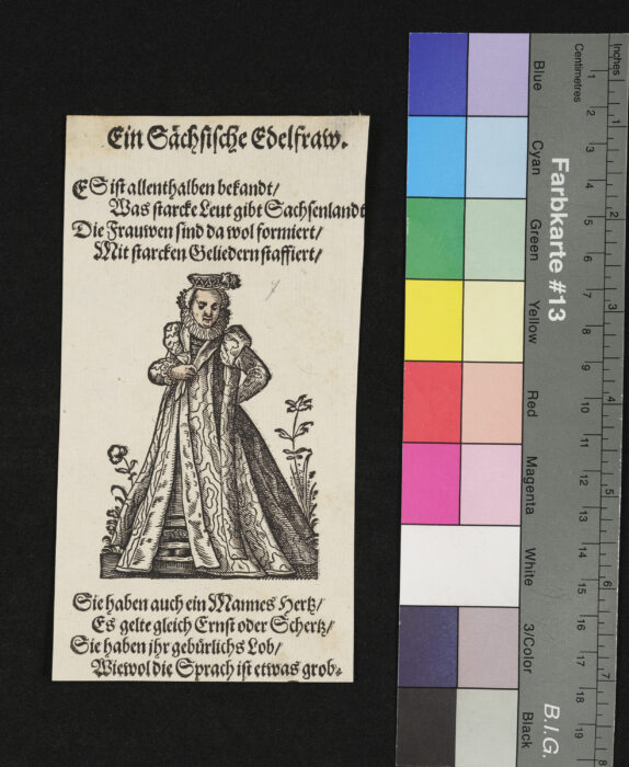 "29 Blätter nebst Titelblatt aus dem Frauentrachtenbuch", Eine Edelfrau aus Sachsen, Gesicht und Hand coloriert