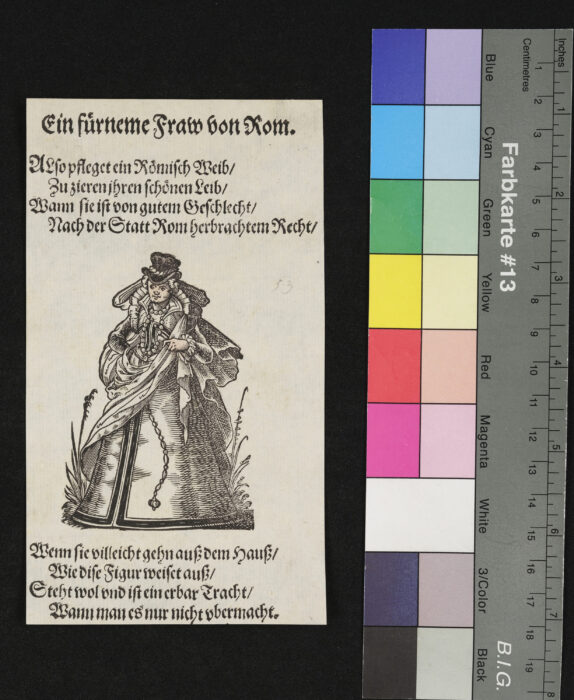 "29 Blätter nebst Titelblatt aus dem Frauentrachtenbuch", Eine vornehme Frau aus Rom, Gesicht und Hand coloriert