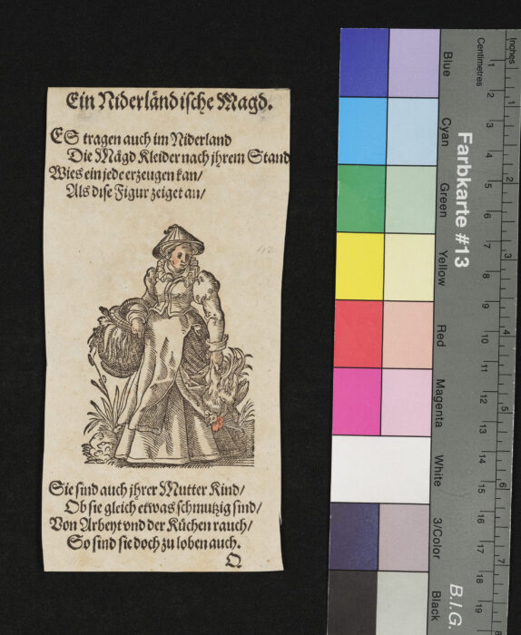 "29 Blätter nebst Titelblatt aus dem Frauentrachtenbuch", Eine niederländische Magd, teilweise coloriert