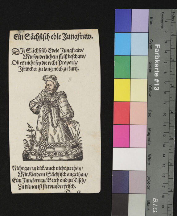 "29 Blätter nebst Titelblatt aus dem Frauentrachtenbuch", Eine sächsische edle Jungfrau, Gesicht und Hand coloriert