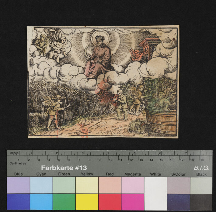 "2 Darstellungen aus der Offenbarung", Die Engel der Ernte / Sichel und Kelter  teilweise coloriert // Rückseitig: Die Plagen der 7 Engel, teilweise, beschnitten, teilweise coloriert