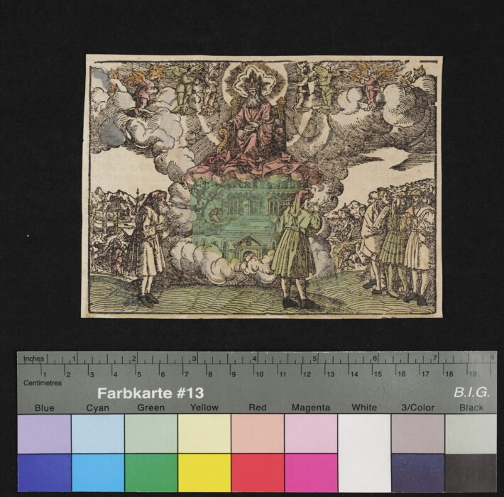 "Darstellungen aus den Propheten", Tempelvision des Jesaia, Gott Zebaot, teilweise coloriert  // Rückseitig: Ausschnitt aus einer deutschen Bibel