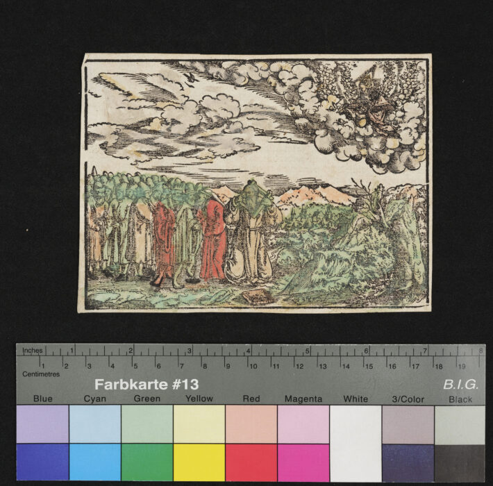 "Darstellungen aus den Propheten", Jeremiah mit dem Jochholz, teilweise coloriert  //  Rückseitig: Ausschnitt aus einer deutschen Bibel