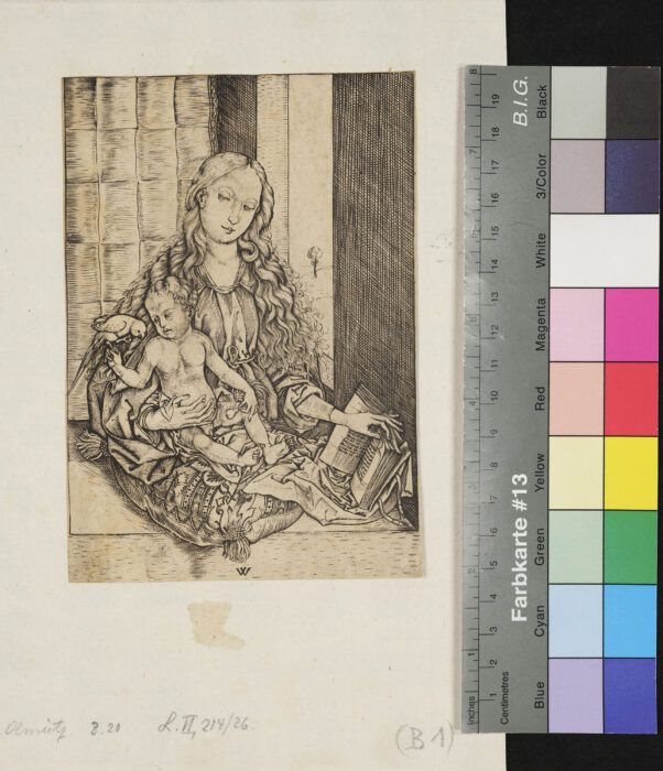 Maria , sitzend mit der Birne und Papagei vom Kinde in den Händen Gehalten, Monogramm: "W"