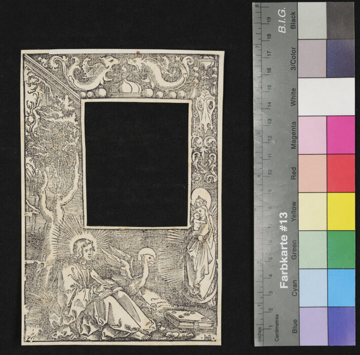 S. Johannes Evangelist vor der Muttergottes mit Titeleinfassung