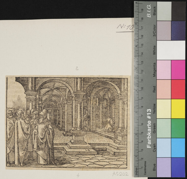 "12 Blätter, Darstellungen aus dem Alten und Neuen Testament, aus: Entnommen einer deutschsprachigen Ausgabe der Lutherbibel, Rückseiten bedruckt", Der Pharisäer und der Zöllner im Tempel, Monogramm: "HB"