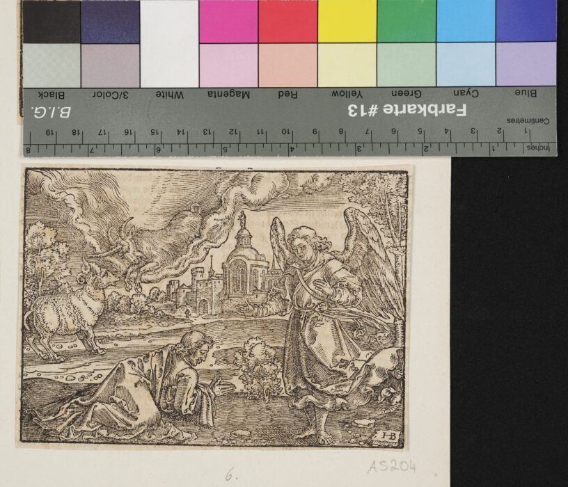 "12 Blätter, Darstellungen aus dem Alten und Neuen Testament, aus: Entnommen einer deutschsprachigen Ausgabe der Lutherbibel, Rückseiten bedruckt", Biblische Szene, Mensch, Engel, Widder und Ziegenbock, Monogramm: "HD"