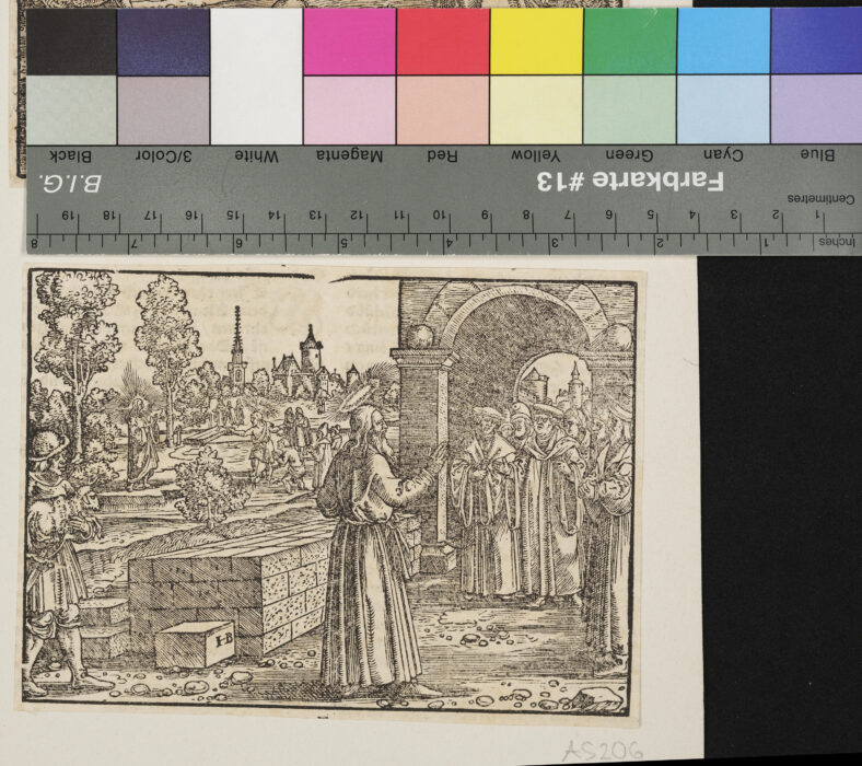 "12 Blätter, Darstellungen aus dem Alten und Neuen Testament, aus: Entnommen einer deutschsprachigen Ausgabe der Lutherbibel, Rückseiten bedruckt", Johannes der Täufer und Jesus, "Sehet das Lamm Gottes", Monogramm: "HB"