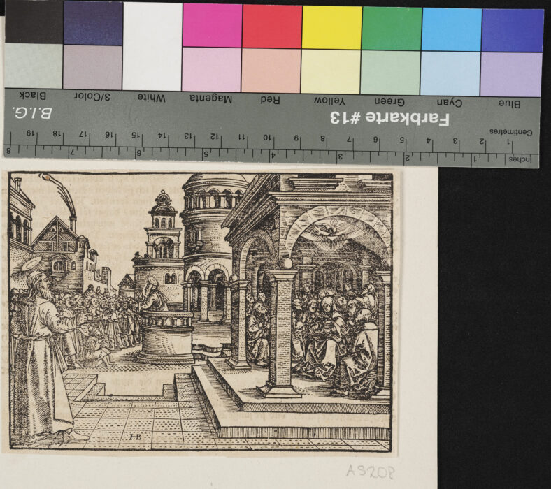 "12 Blätter, Darstellungen aus dem Alten und Neuen Testament, aus: Entnommen einer deutschsprachigen Ausgabe der Lutherbibel, Rückseiten bedruckt", Geistsendung und Pfingstpredigt des Petrus, Monogramm: "HB"
