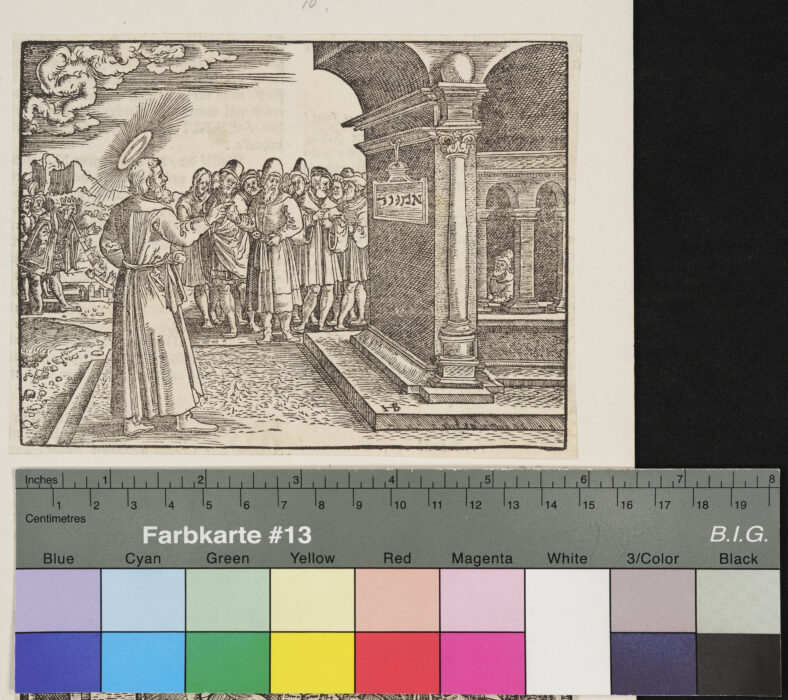 "12 Blätter, Darstellungen aus dem Alten und Neuen Testament, aus: Entnommen einer deutschsprachigen Ausgabe der Lutherbibel, Rückseiten bedruckt", Biblische Szene, Monogramm: "HB"