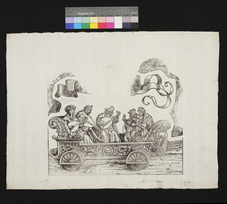 "4 Blätter, Fragmente aus dem Triumphwagen Kaiser Maximilians", Wagen mit Musikinstrumente, Giterronen und Rybeben
