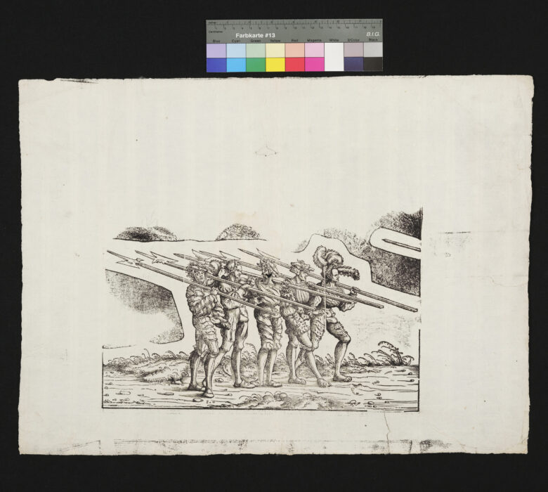 "4 Blätter, Fragmente aus dem Triumphwagen Kaiser Maximilians", Landsknechte