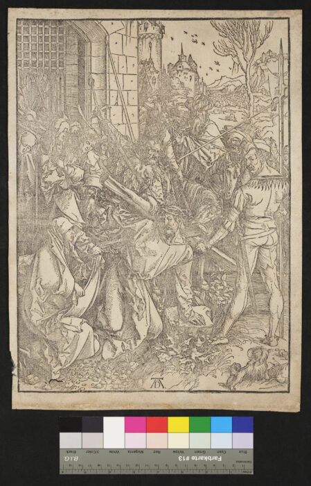 "Die Große Passion, 6 Blätter daraus", Simon von Cyrene hilft das Kreuz tragen, 1. Abdruck