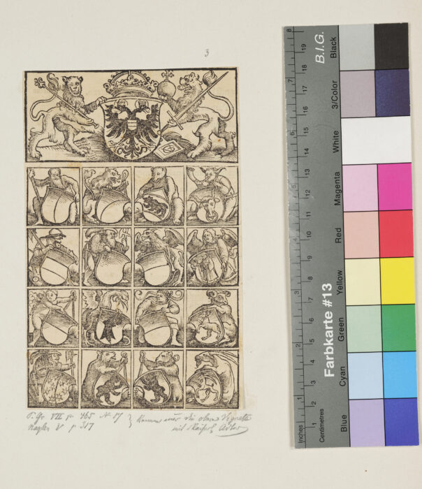 Schild mit Reichsadler, darunter die Wappen der 16 Schweizer Kantone