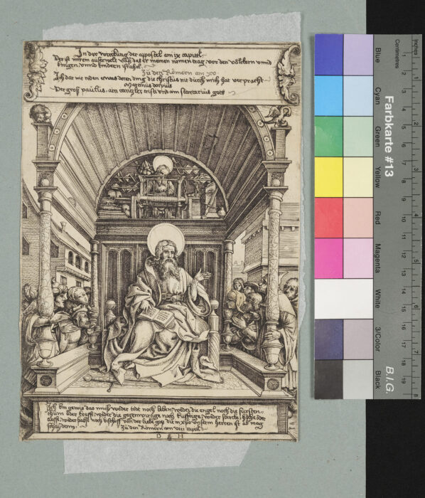 S. Paul auf dem Thron, seine Getreuen um ihn, oben S. Paulus am Webstuhl, Römer 8 und 15, bei 8: Ich bin gewiss… weder Papst noch Bischof…