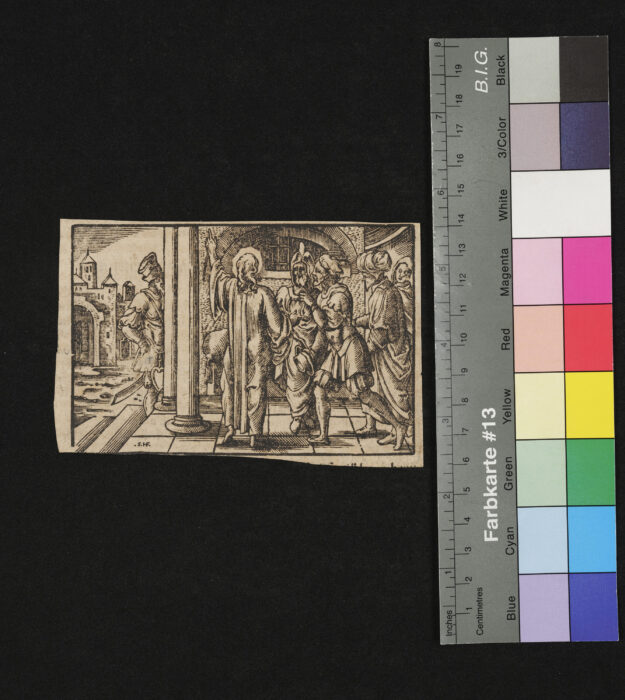"24 Blätter Darstellungen aus dem Neuen Testament ohne Randeinfassung, ( 27 Darstellungen ), Kopien von Virgil Solis", Jesus heilt einen Kranken, Monogramm: "SHF"