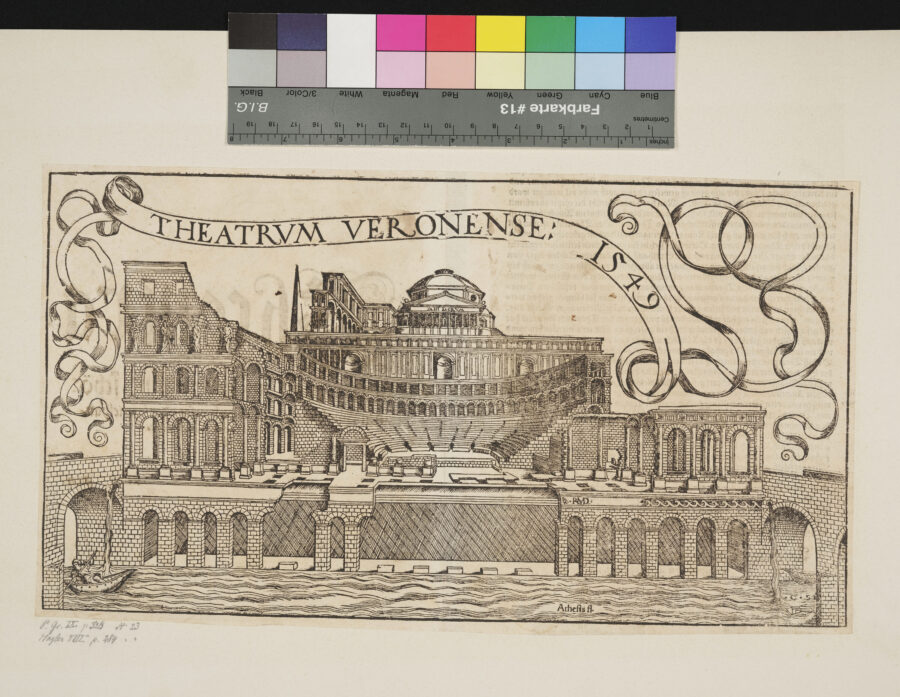 Das Amphitheater in Verona, aus: Sebastian Münsters Cosmographie, Monogramm