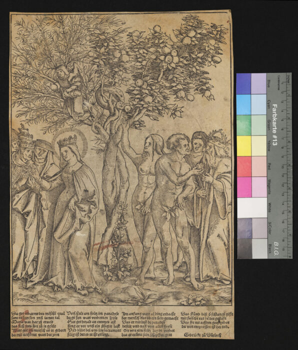 Allegorie auf die Erlösung von der Erbsünde, Adam und Eva mit Baum der Erkenntnis und Schlange, mit deutschen Versen
