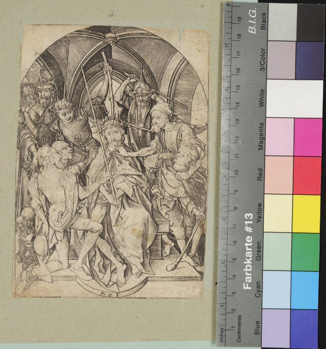 "Aus einer Folge von 12 Blättern, 10 Blätter aus der Passion", Die Dornenkrönung Christi, beidseitig mit gleicher Darstellung bedruckt