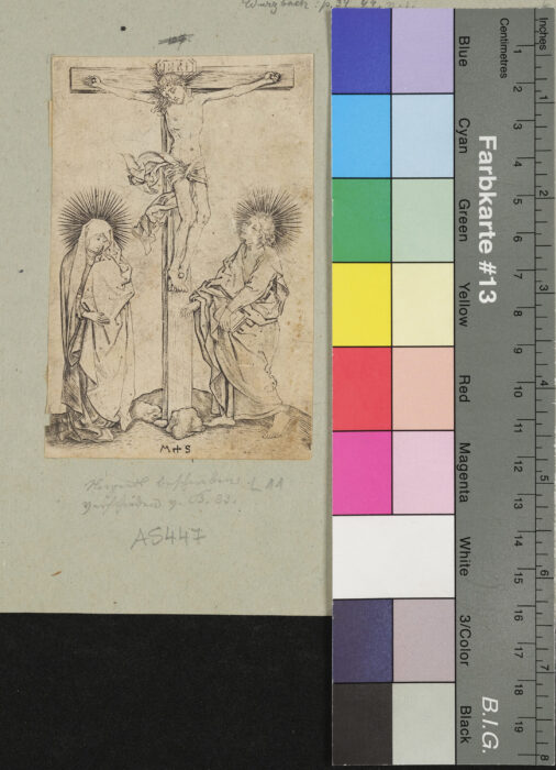 Christus am Kreuz, links Maria, rechts Johannes