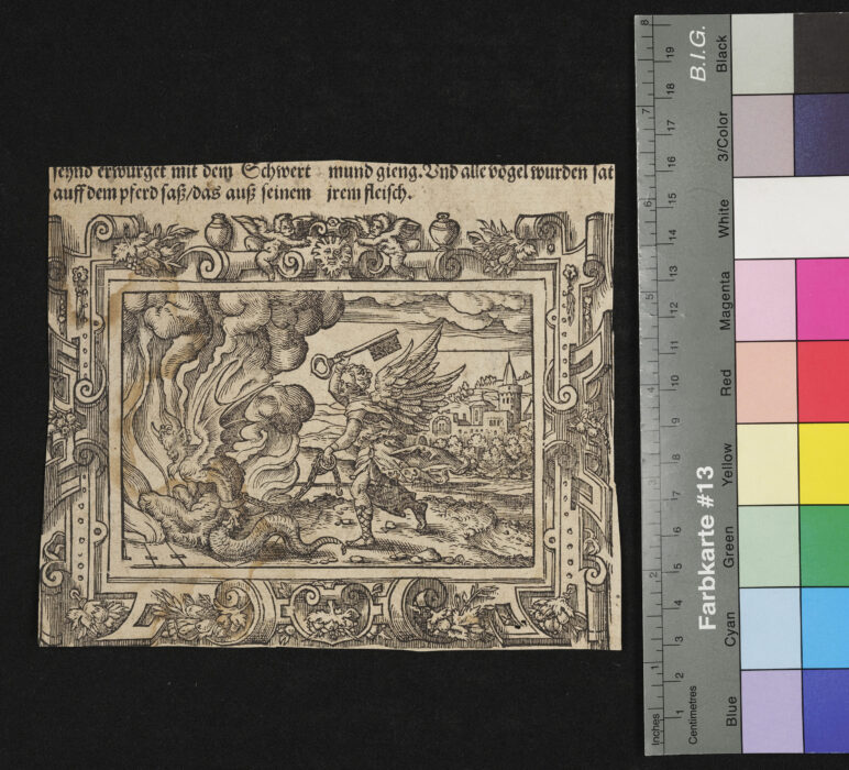"15 Blätter mit 20 Darstellungen aus der Offenbarung", Engel mit gefesselten Drachen, rückseitig: ganzes Bild, Vision der apokalyptischen Reiter, Monogramm: "SA" (?)