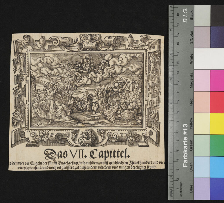 "15 Blätter mit 20 Darstellungen aus der Offenbarung", Vision der 4. und der 5. Engel, Monogramm: "SA" ? / "VS", rückseitig: ganzes Bild: Engel mit Posaune bringt das Feuer auf die Erde, Monogramm: "VS"
