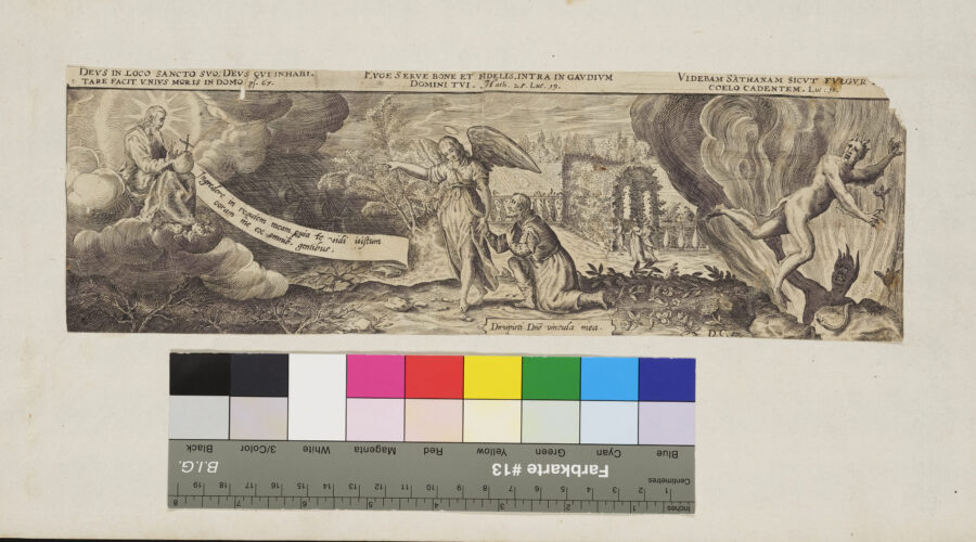 Allegorie, Gottvater, Engel mit einem Frommen, Satan , Ps 67, MT 25, LK 19, LK 10