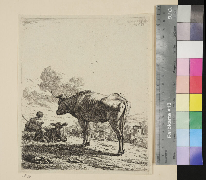 Der Ochse mit dem liegenden Kalb, Hintergrund: Hirte, Dorf