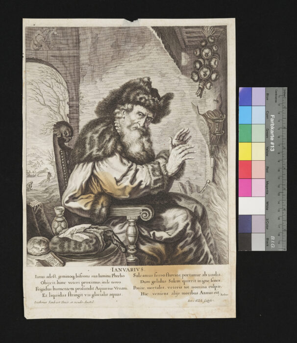 "12 Blätter aus einer Folge von Monaten", mit lateinischen Versen von C. Barleus / Caspar von Baerle, mit Sternzeichen, Jänner