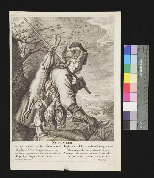"12 Blätter aus einer Folge von Monaten", mit lateinischen Versen von C. Barleus / Caspar von Baerle, mit Sternzeichen, , Novenber
