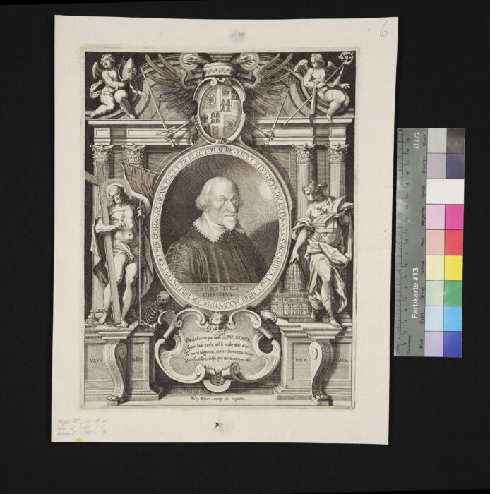 "8 Blätter aus der Folge: Imp. Caes. Ferdinand II. et Principium Caesaribus etc.", Johann Suiccard, Kurfürst von Mainz, mit Ansicht Petersdom