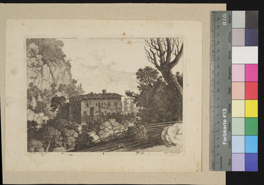 "6 Blätter aus der Folge von 18 Blättern, Landschaften", Nr. 1, Nr. 61, Herrenhaus in felsiger Landschaft