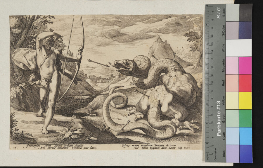 "Konvolut: Metamorphosen, Ovid, nach Goltzius, von seinen Schülern gestochen", Nr.13, Cynthius erschießt die Python der zornigen Juno