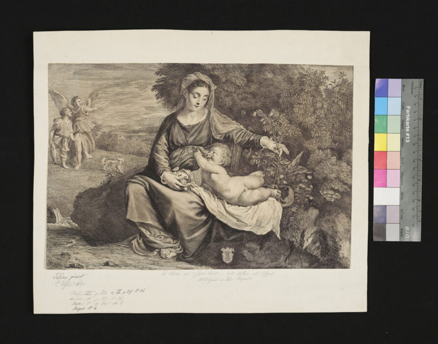 Maria mit der Blume, Maria mit dem Jesuskinde, links hinten Tobias mit dem Erzengel Raphael