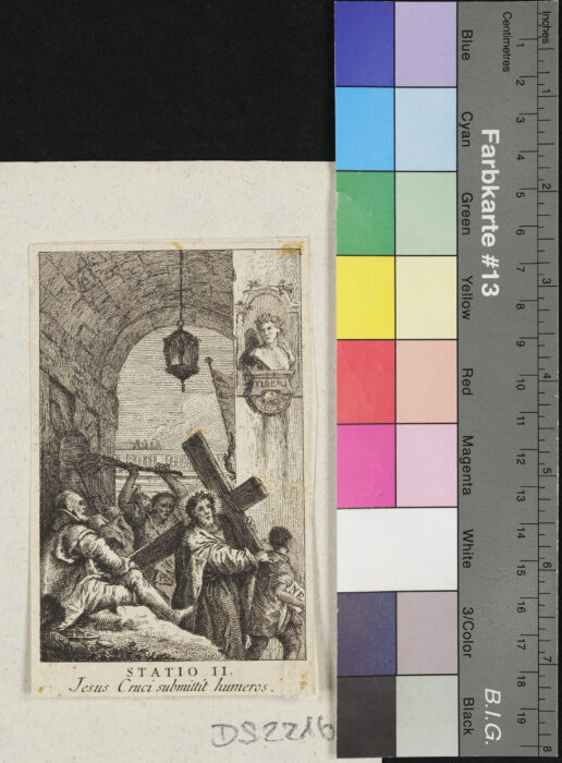 "Folge von 13 Blättern Kreuzwegstationen, Nr. 3 fehlt", Jesus kreuztragend, am Tor Büste des Tiberius