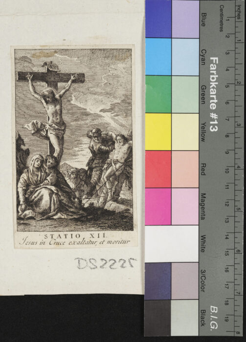 "Folge von 13 Blättern Kreuzwegstationen, Nr. 3 fehlt", Jesus stirbt am Kreuz