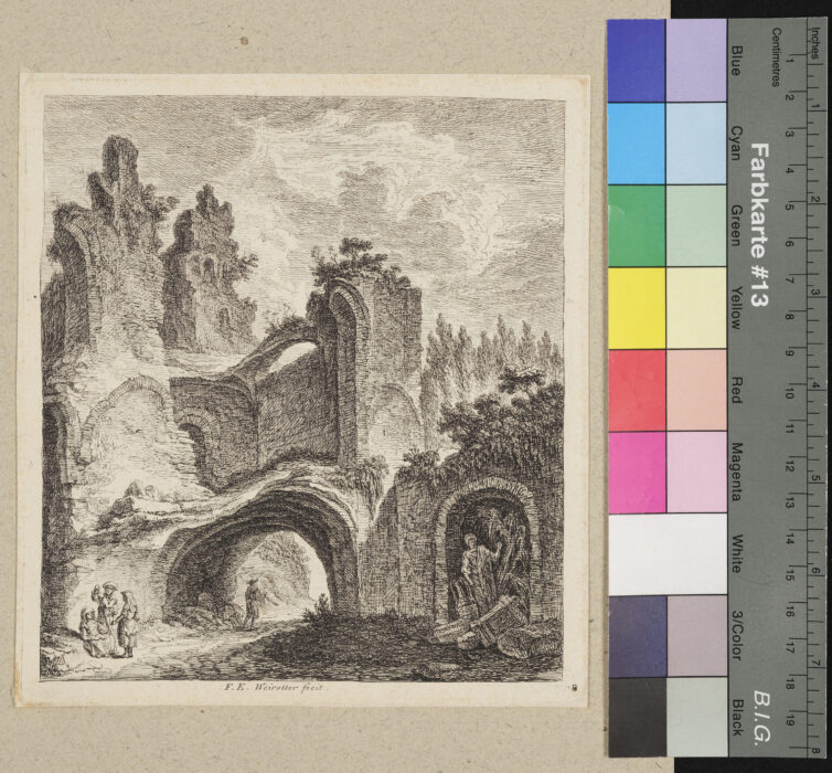 "4 Blätter Ruinen", Ruine, rechts im Bogen eine Händlerin, Nr. 8