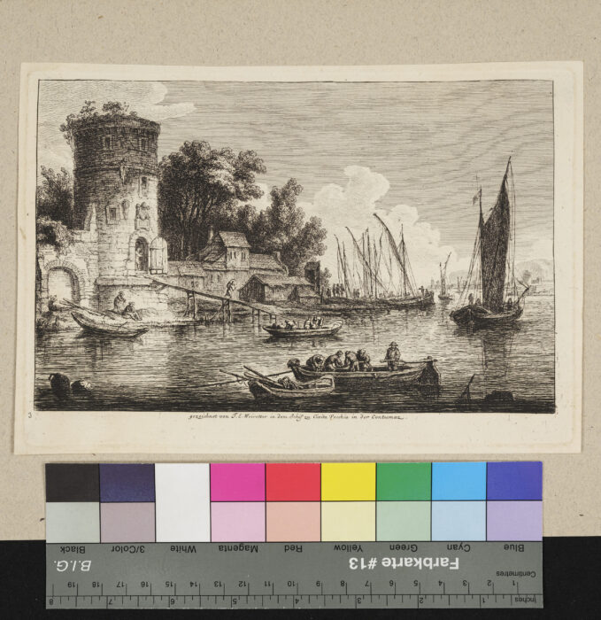 "2 Blätter aus einer Folge", Schiffe und Boote, am Ufer ein Turm, Civita Vecchia in der Contumaz, Nr. 3