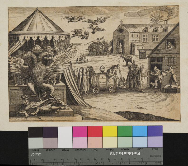 "Anonyme politische Karikaturen", Doppeladler, gestürzter Kaiser, Jauchefass, Kirche, Gasthaus, Eulen, 17. Jahrhundert